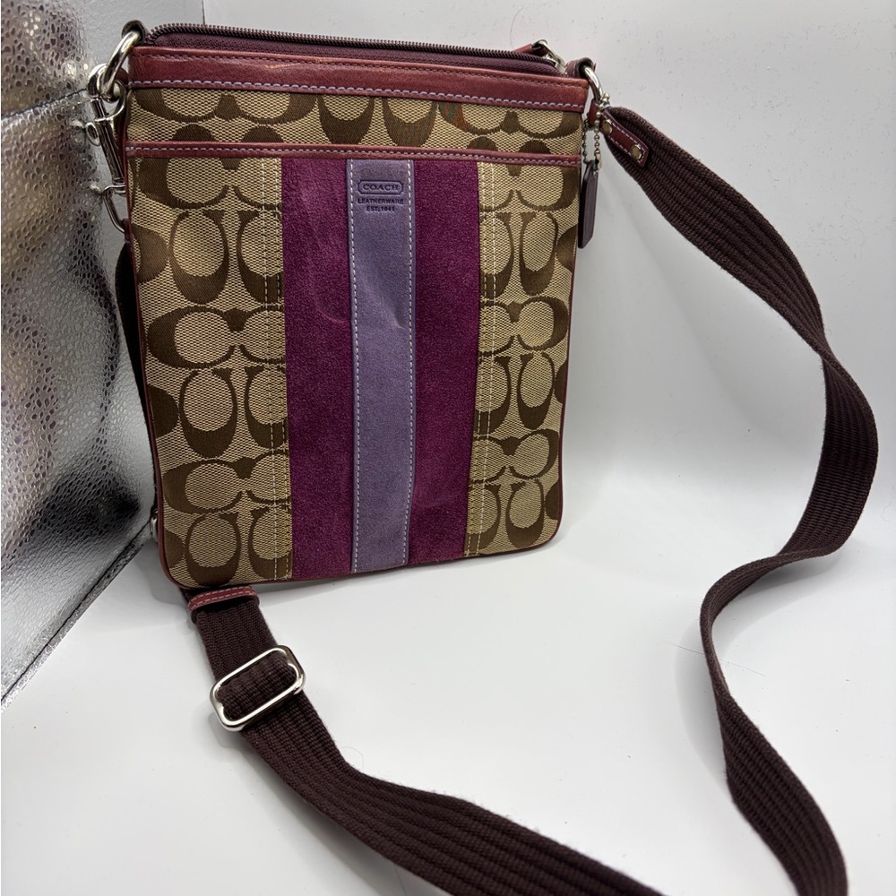 Coach shoulder bag brown purple Suede Color block Khaki Tan Swing Pack